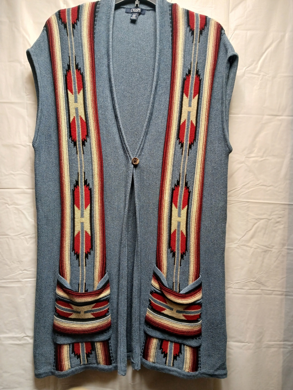 Chaps Women's Blue Southwestern Knit Sleeveless Cardigan